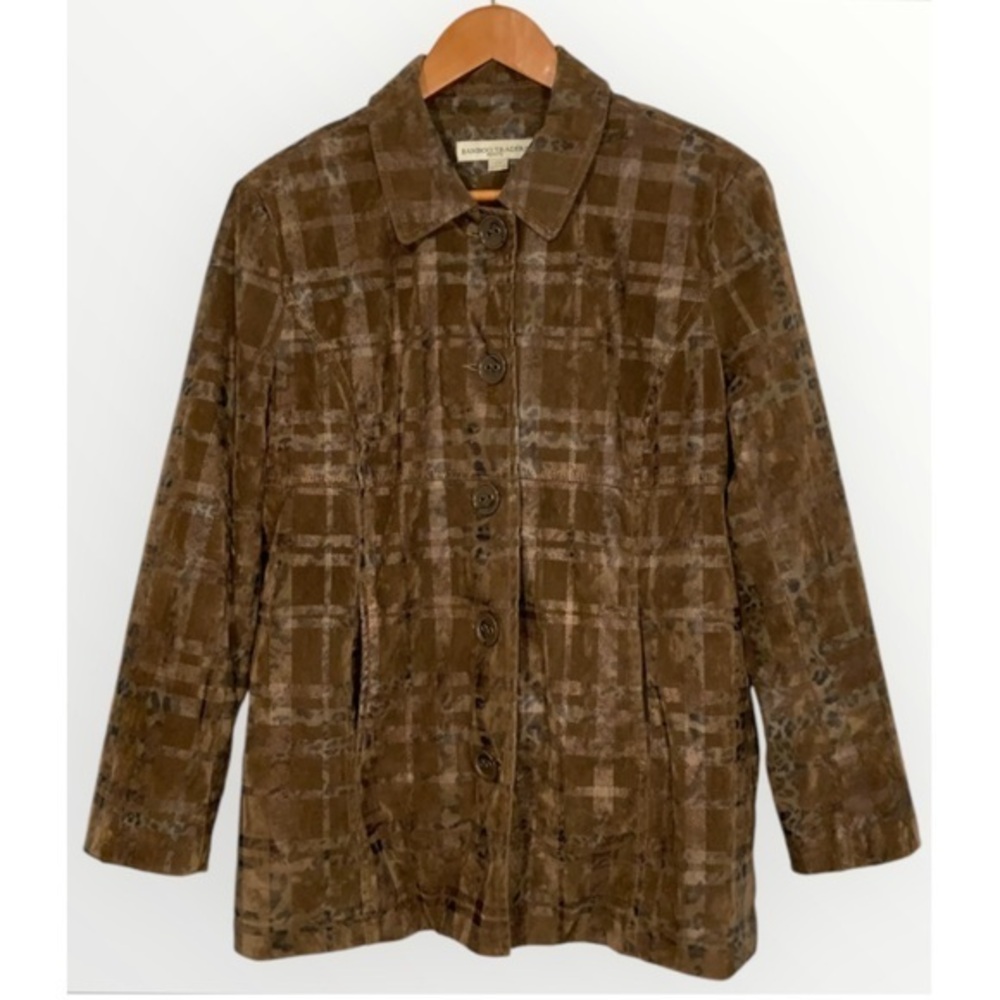 Bamboo Traders Brown Babydoll Animal Print Window Pane Button Front Jacket PM